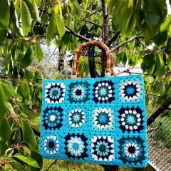 Handmade Blue Mandala Crochet Tote Bag with Bamboo Handles