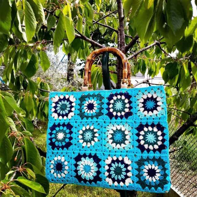 Handmade Blue Mandala Crochet Tote Bag with Bamboo Handles