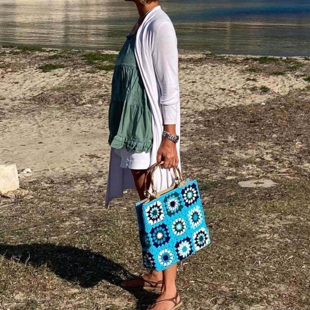 Handmade Blue Mandala Crochet Tote Bag with Bamboo Handles
