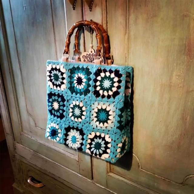 Handmade Blue Mandala Crochet Tote Bag with Bamboo Handles