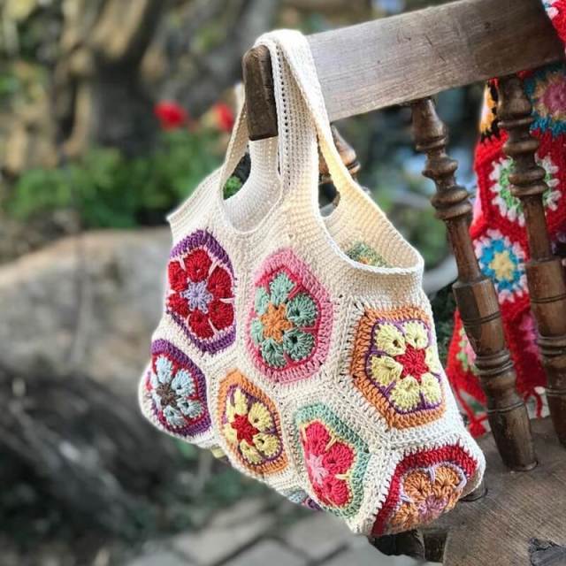 Handmade Crochet Flower Granny Square Tote Bag