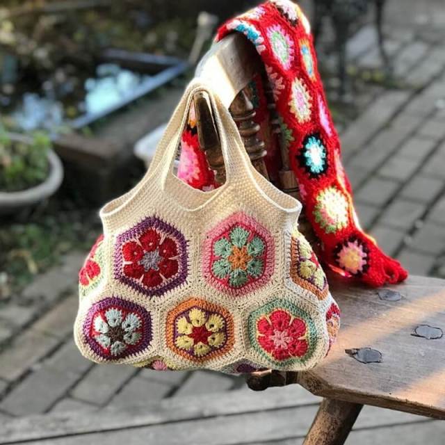Handmade Crochet Flower Granny Square Tote Bag