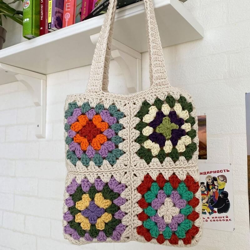 Handmade Granny Square Crochet Tote Bag – Colorful Floral Design