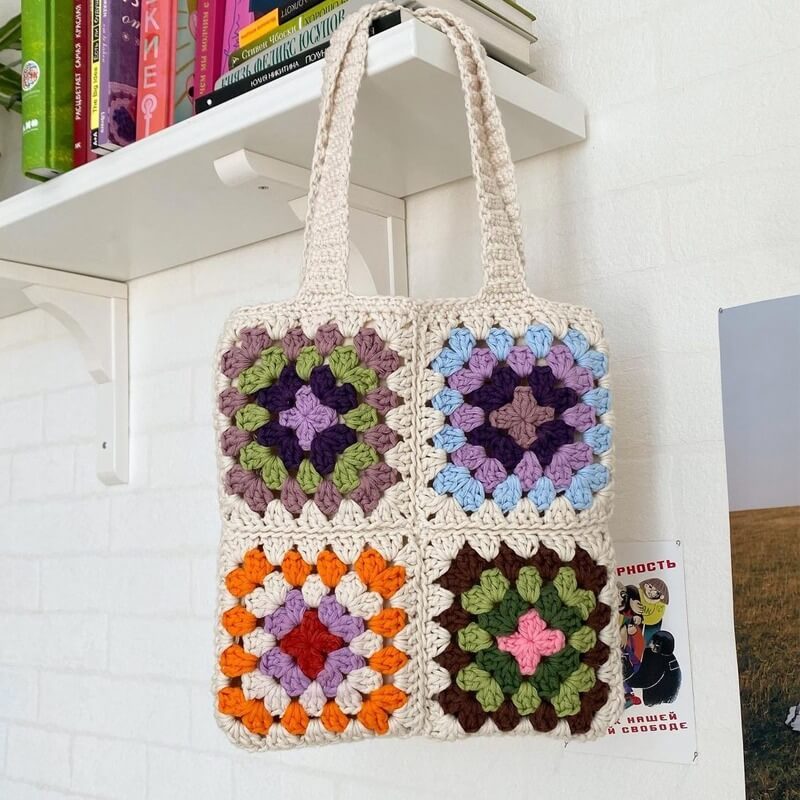 Handmade Granny Square Crochet Tote Bag – Colorful Floral Design