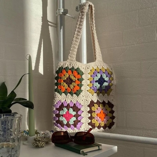 Handmade Granny Square Crochet Tote Bag – Colorful Floral Design