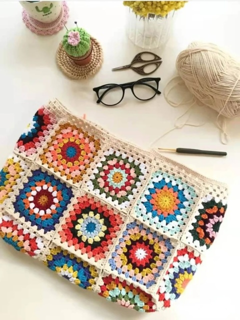 Handmade Colorful Granny Square Crochet Tote Bag