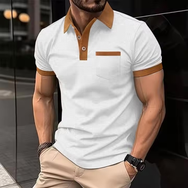 Custom Design Men’s Slim Fit Contrast Trim Polo Shirt – White with Camel Brown Accents