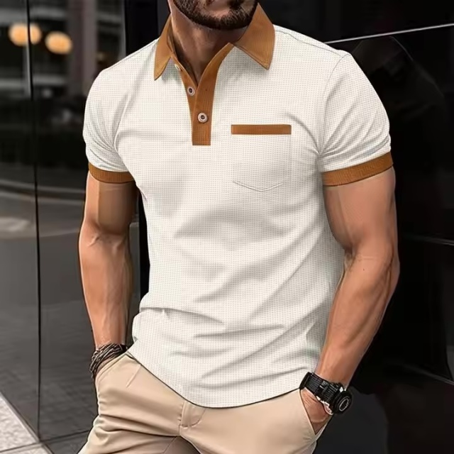 Custom Design Men’s Slim Fit Contrast Trim Polo Shirt – White with Camel Brown Accents