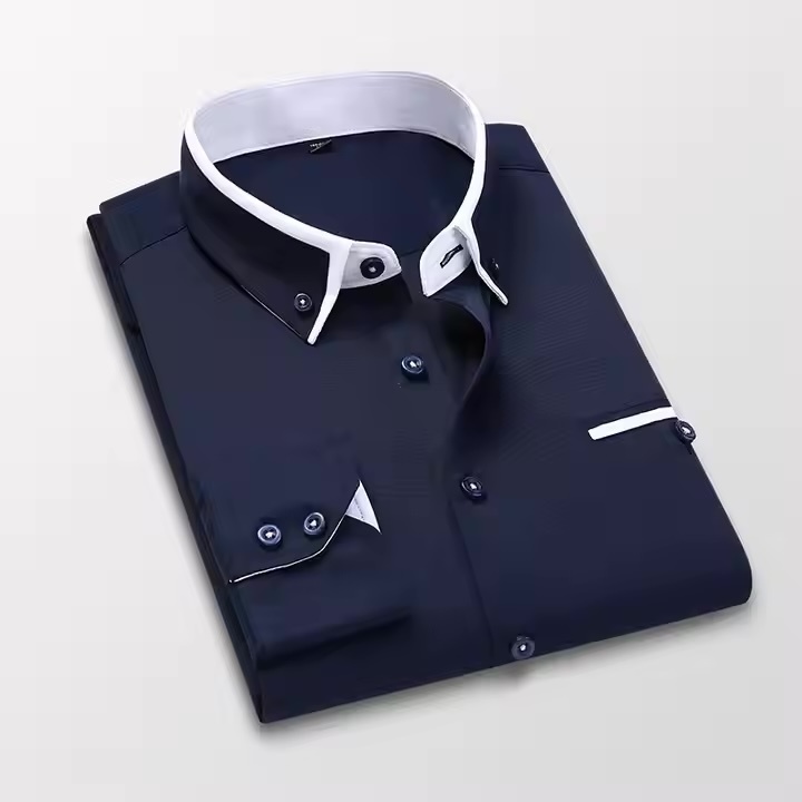 Men’s Contrast Collar Slim Fit Dress Shirt – White with Black Accents