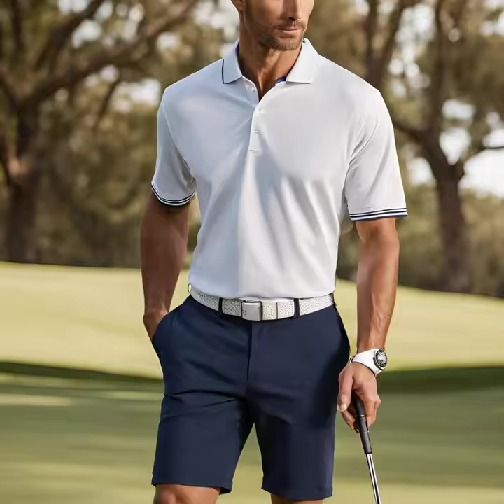 Customized Men’s Performance Golf Polo Shirt – White with Navy Contrast Trim