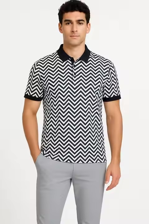 Factory Direct Made-to-order Men’s Abstract Paintbrush Print Polo Shirt – Multicolor on Cream