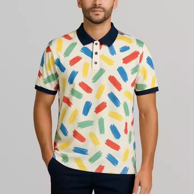 Factory Direct Made-to-order Men’s Abstract Paintbrush Print Polo Shirt – Multicolor on Cream