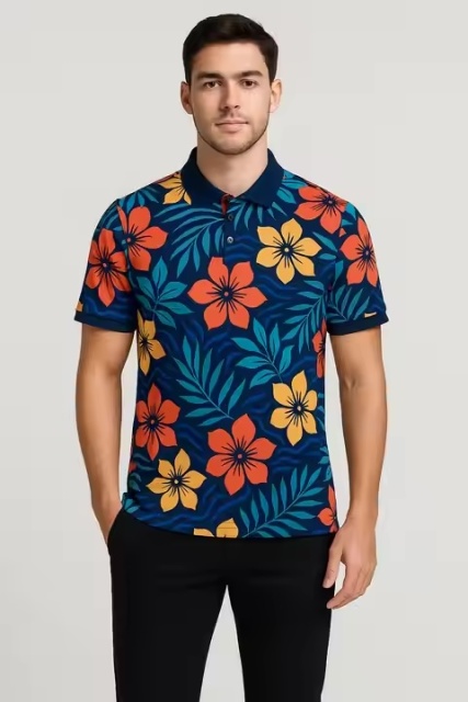 Factory Direct Made-to-order Men’s Abstract Paintbrush Print Polo Shirt – Multicolor on Cream