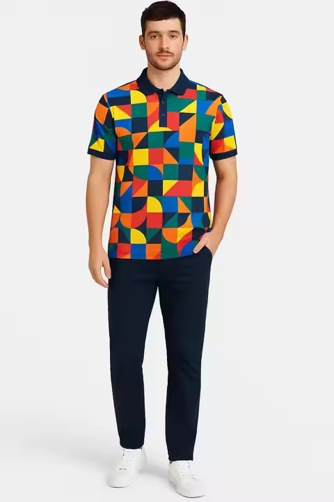 Factory Direct Made-to-order Men’s Abstract Paintbrush Print Polo Shirt – Multicolor on Cream