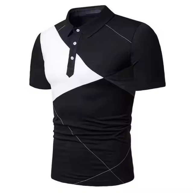 Customized Men’s Black & White Asymmetrical Polo Shirt – Modern Geometric Slim Fit