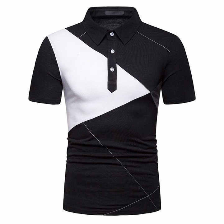 Customized Men’s Black & White Asymmetrical Polo Shirt – Modern Geometric Slim Fit
