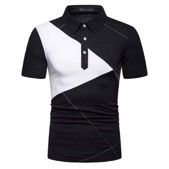 Customized Men’s Black & White Asymmetrical Polo Shirt – Modern Geometric Slim Fit