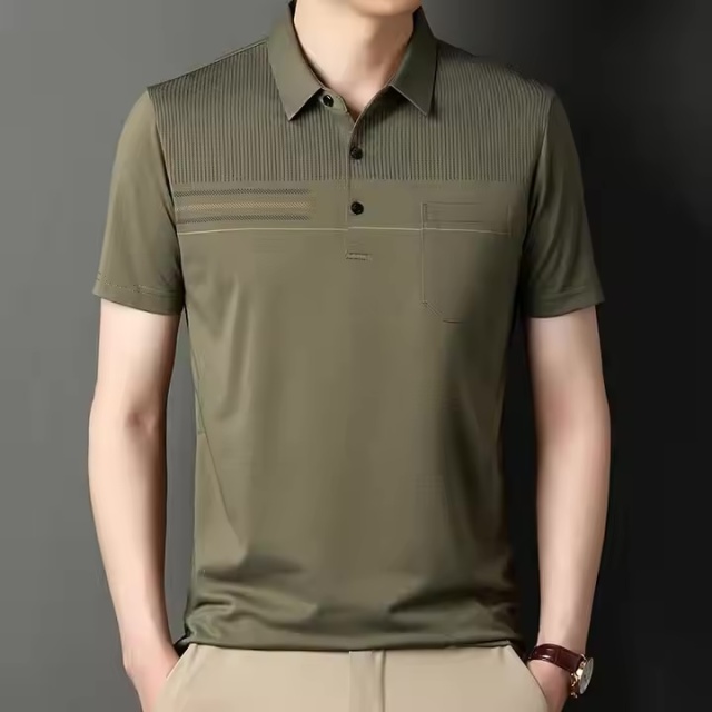 OEM ODM  Men’s Modern Striped Business Casual Polo Shirt – Olive Green