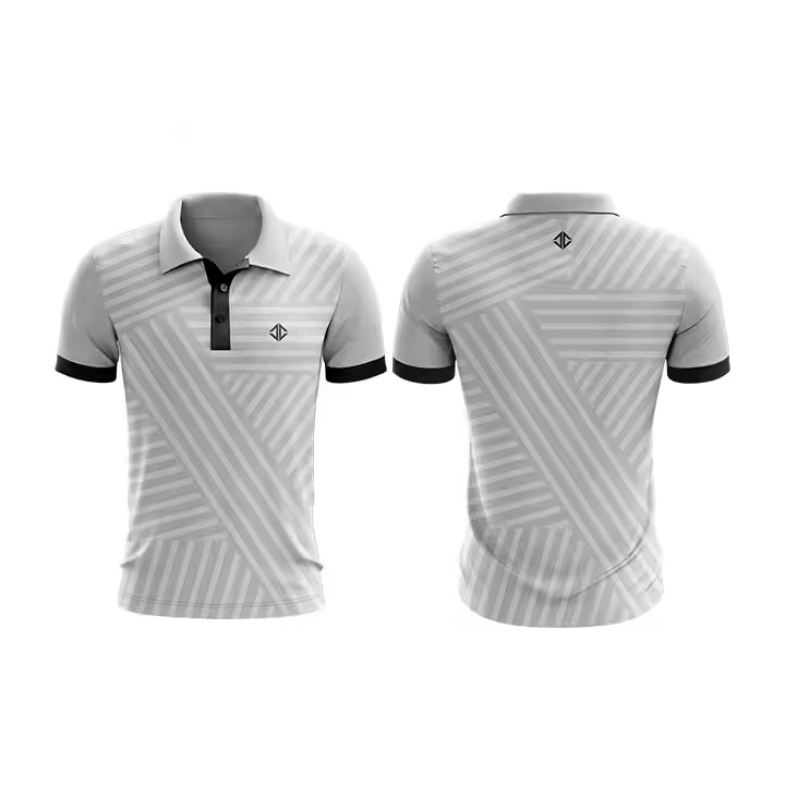 Customized Men’s White Geometric Stripe Polo Shirt – Contrast Trim Tech Fabric