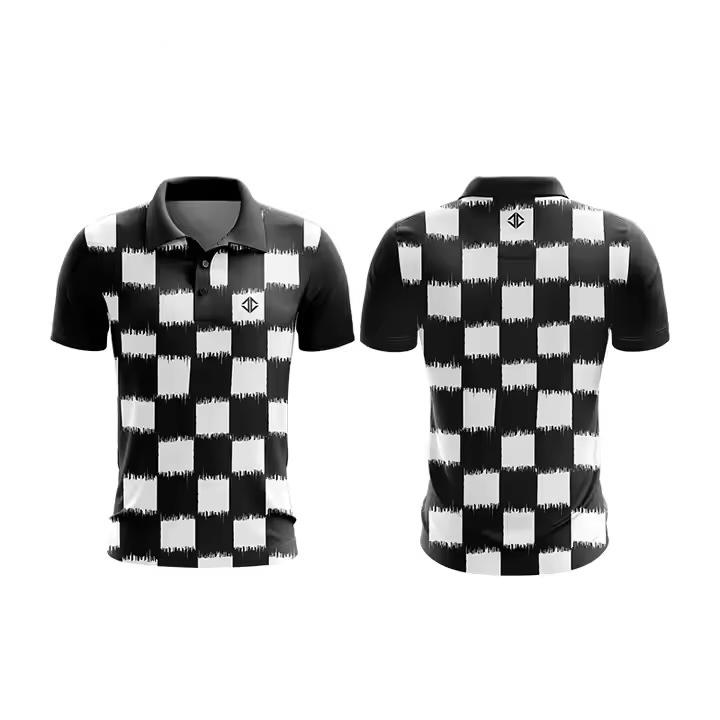 Customized Men’s White Geometric Stripe Polo Shirt – Contrast Trim Tech Fabric