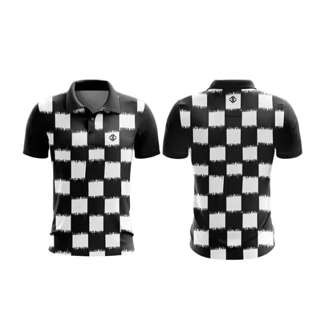 Customized Men’s White Geometric Stripe Polo Shirt – Contrast Trim Tech Fabric