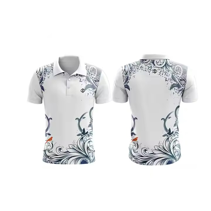 Customized Men’s White Geometric Stripe Polo Shirt – Contrast Trim Tech Fabric