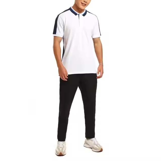 Custom Design Men’s Contrast Panel Active Polo Shirt – White with Navy Side Stripes