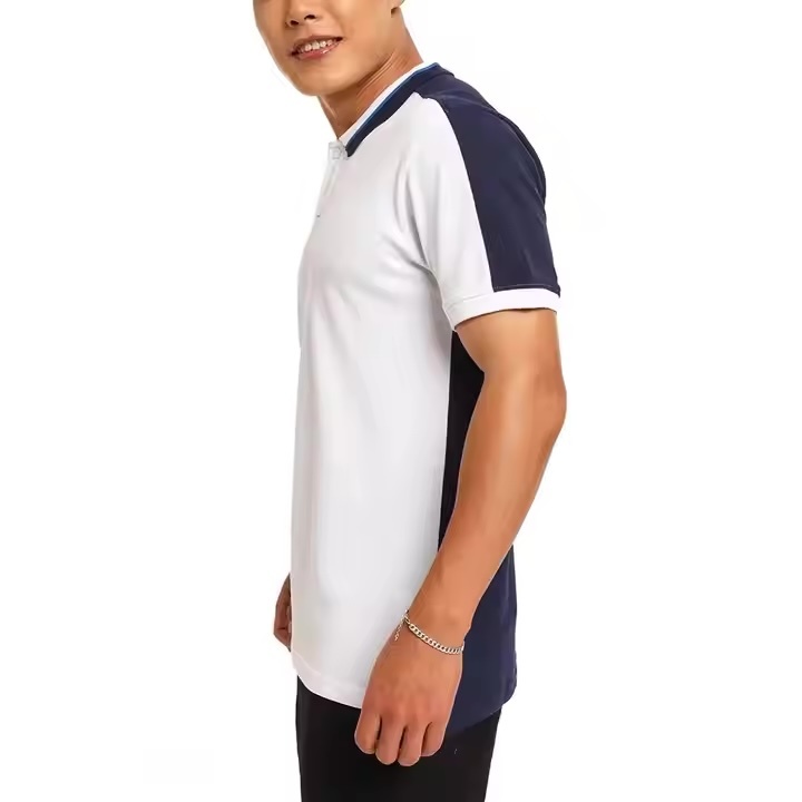 Custom Design Men’s Contrast Panel Active Polo Shirt – White with Navy Side Stripes