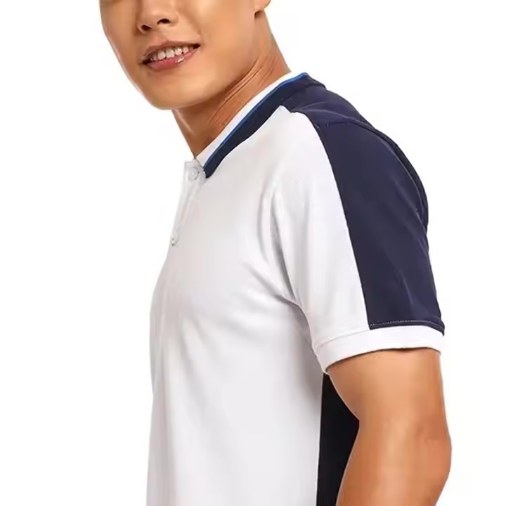 Custom Design Men’s Contrast Panel Active Polo Shirt – White with Navy Side Stripes