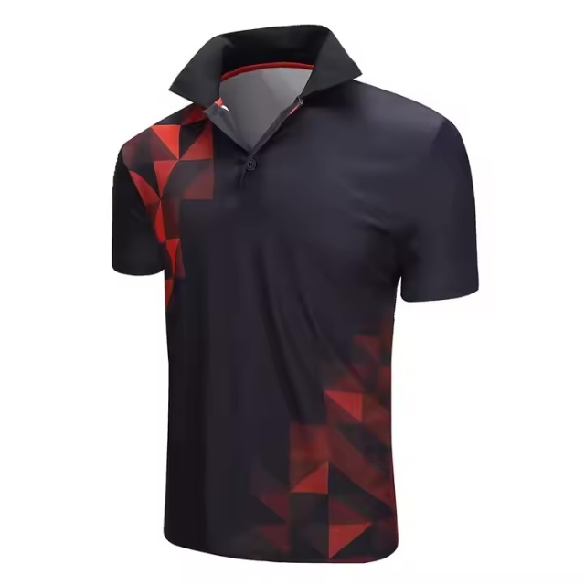 Factory Direct Men’s Black Performance Polo Shirt – Red Geometric Triangle Print