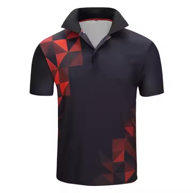 Factory Direct Men’s Black Performance Polo Shirt – Red Geometric Triangle Print