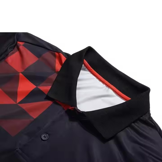 Factory Direct Men’s Black Performance Polo Shirt – Red Geometric Triangle Print