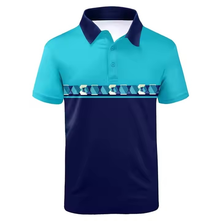 Customized Men’s Two-Tone Geometric Panel Polo Shirt – Aqua & Navy Blue