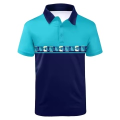 Customized Men’s Two-Tone Geometric Panel Polo Shirt – Aqua & Navy Blue