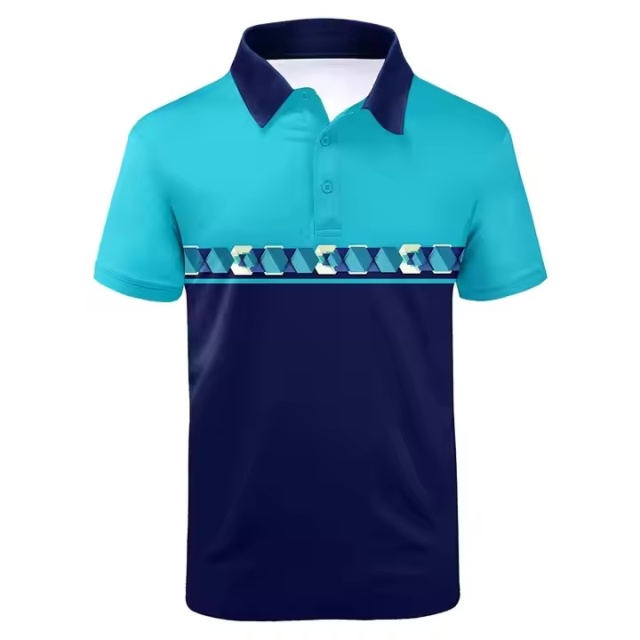 Customized Men’s Two-Tone Geometric Panel Polo Shirt – Aqua & Navy Blue