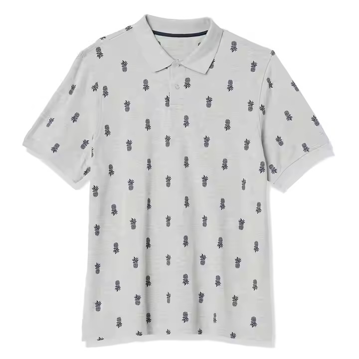 OEM ODM  Men’s Light Grey Polo Shirt – Navy Pineapple Embroidered Pattern
