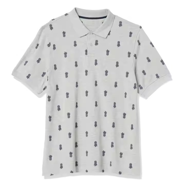 OEM ODM  Men’s Light Grey Polo Shirt – Navy Pineapple Embroidered Pattern