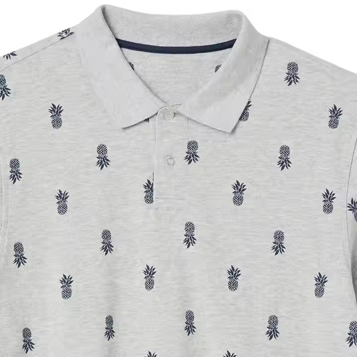 OEM ODM  Men’s Light Grey Polo Shirt – Navy Pineapple Embroidered Pattern