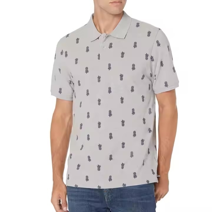 OEM ODM  Men’s Light Grey Polo Shirt – Navy Pineapple Embroidered Pattern