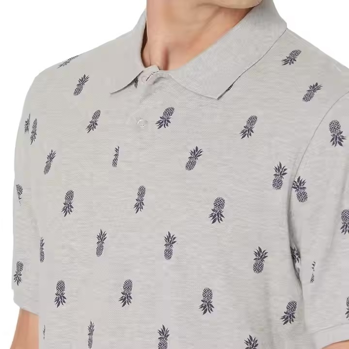 OEM ODM  Men’s Light Grey Polo Shirt – Navy Pineapple Embroidered Pattern