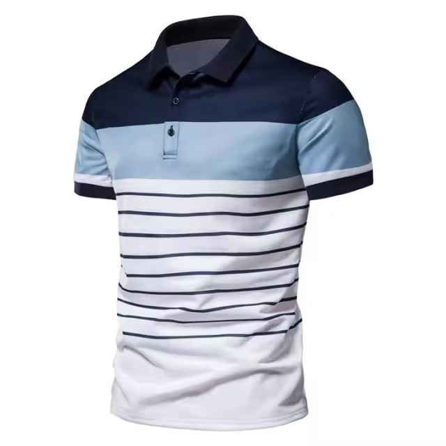 Customized Men’s Colorblock Stripe Polo Shirt – Navy, Sky Blue & White Gradient