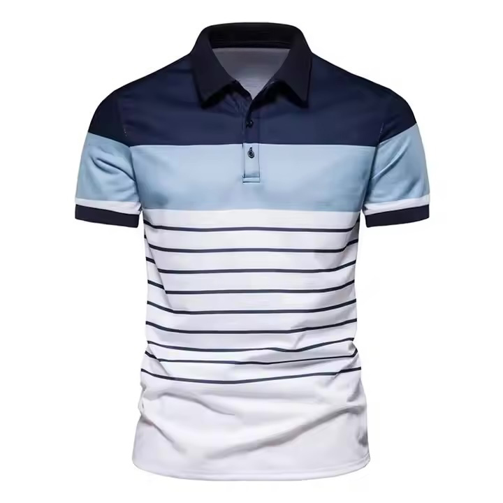 Customized Men’s Colorblock Stripe Polo Shirt – Navy, Sky Blue & White Gradient