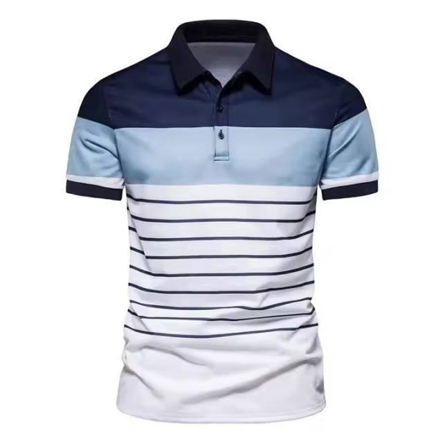 Customized Men’s Colorblock Stripe Polo Shirt – Navy, Sky Blue & White Gradient