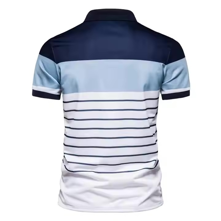 Customized Men’s Colorblock Stripe Polo Shirt – Navy, Sky Blue & White Gradient