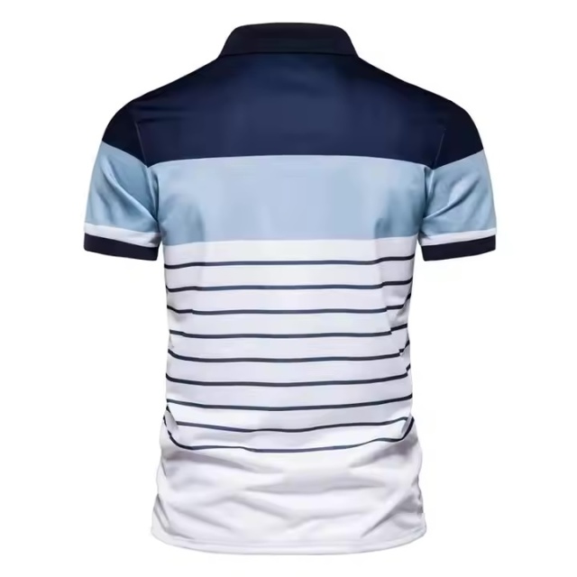 Customized Men’s Colorblock Stripe Polo Shirt – Navy, Sky Blue & White Gradient