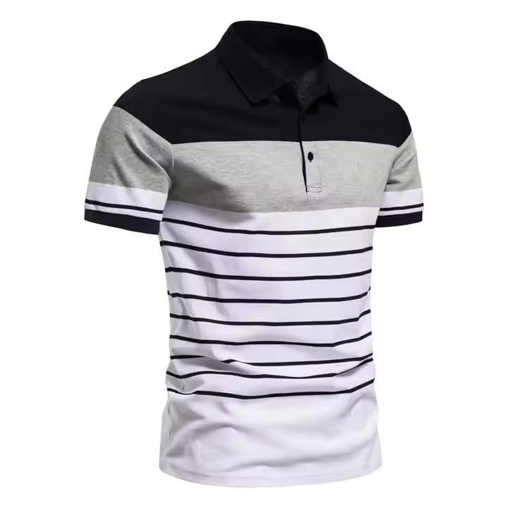 Customized Men’s Colorblock Stripe Polo Shirt – Navy, Sky Blue & White Gradient