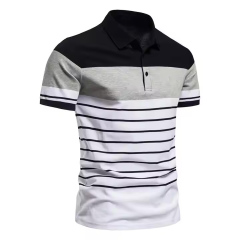 Customized Men’s Colorblock Stripe Polo Shirt – Navy, Sky Blue & White Gradient