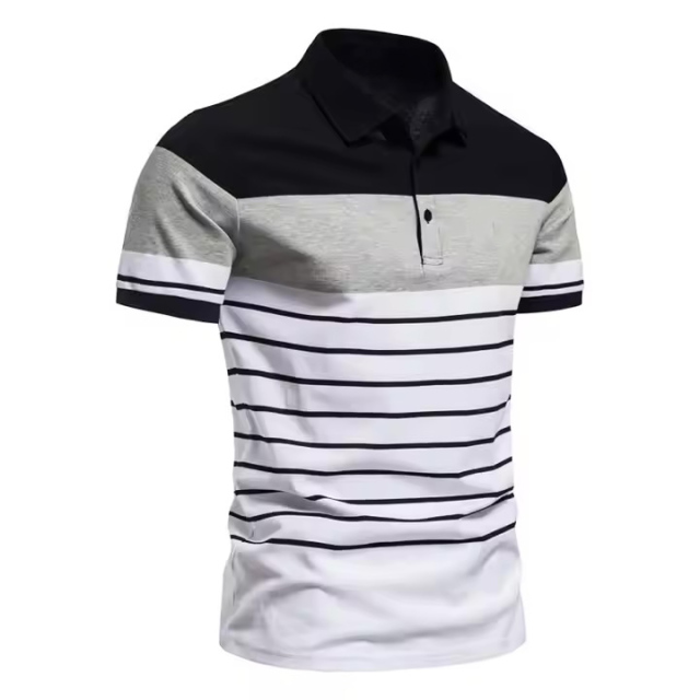 Customized Men’s Colorblock Stripe Polo Shirt – Navy, Sky Blue & White Gradient