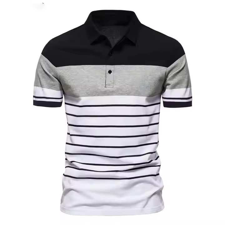 Customized Men’s Colorblock Stripe Polo Shirt – Navy, Sky Blue & White Gradient