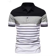 Customized Men’s Colorblock Stripe Polo Shirt – Navy, Sky Blue & White Gradient